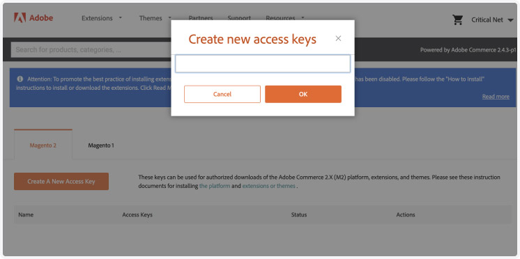 Critical.net Magento crear access key